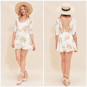 For Love & Lemon Mini Dress Women Medium White Lemon Print Cottagecore Tie Strap thumbnail 2