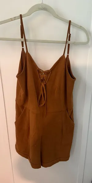 Sleeveless Lace-Up Romper in Rust Brown thumbnail 1