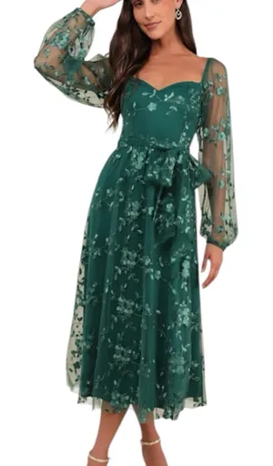 NWT Lulus Darling Charisma Emerald Mesh Embroidered Midi Dress Size Medium thumbnail 1