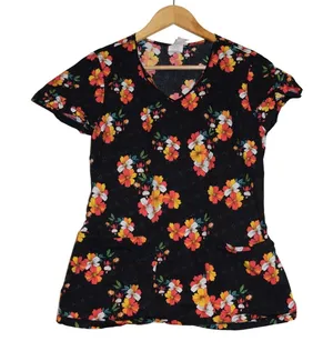 Dickies Scrub Top Women Small Black Floral V-Neck Short Sleeve Front‎ Pockets thumbnail 1