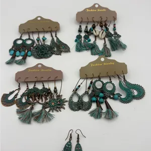 Boho Turquoise 13 Pair Dangle Earrings Bundle | Tassel Feather Shell Bronze thumbnail 1