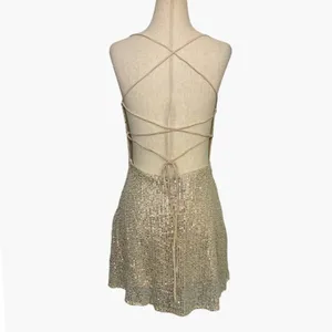Hello Molly Champagne Gold Sequin Cowl Neck Lace‎ Up Back Mini Dress US 6 Viral thumbnail 11