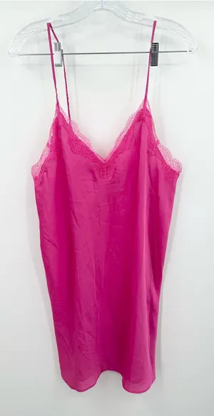 Victoria's Secret Women's Hot Pink Satin Mini Slip Dress‎ Lace Size Large thumbnail 1