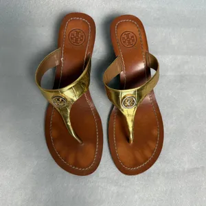 Tory Burch Miller Wedge Sandals Gold Metallic Croc Embossed Logo 8M thumbnail 2