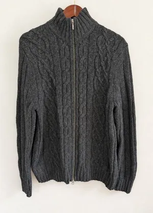 Cherokee Gray Lambswool Blend Cable Knit Full Zip Mock Neck Sweater Sz Medium thumbnail 1