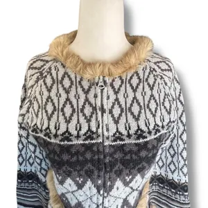 Vintage Y2K Fair Isle Shetland Wool Knit Cardigan Rabbit Fur Trim Belted Scarf‎ thumbnail 2