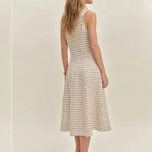 Reformation | Sebastien 100% Linen Gingham Button Front Midi Dress in Natural thumbnail 3