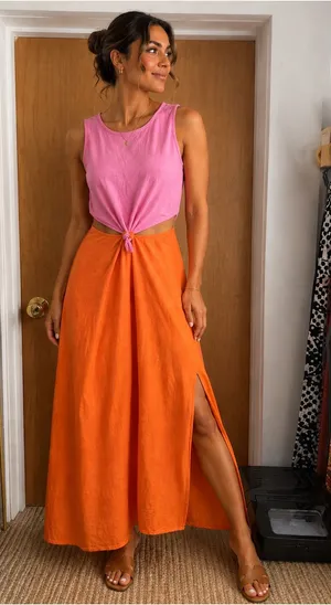 Women’s Linen Blend Colorblock Pink & Orange Sleeveless Maxi Dress. Size: XL thumbnail 1