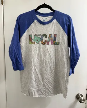 heather grey/blue three-quarter sleeve shirt featuring a "LOCAL" Gruene size M thumbnail 1
