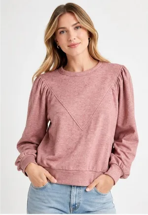 Evereve Womens Puff Sleeve Sweatshirt Heathered Pink‎ Chevron Seam Small thumbnail 1