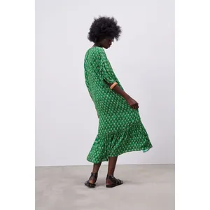 Zara Green Block Print Floral Hem Midi Dress XS Boho Prairie Cottage Relaxed thumbnail 13
