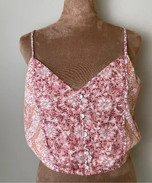 American Eagle Linen Blend Cropped Tank Top Women Medium Pink Orange Floral Boho thumbnail 1