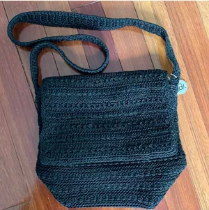 The Sak Black Crochet Shoulder Flap Bag Boho 10x10x5 Festival Summer thumbnail 1