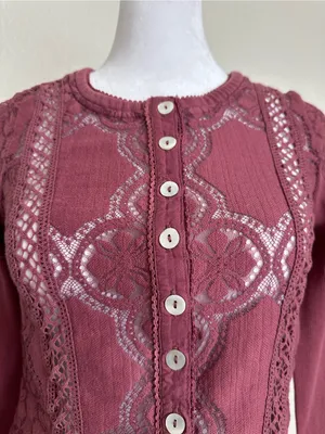 FREE PEOPLE Jae Knit Sheer Lace Long Sleeve Top Cardigan Cropped Y2K Boho XS thumbnail 9