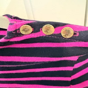 Lauren Ralph Lauren Pink Navy Striped Cotton Boat Neck Top Gold Buttons XS thumbnail 3