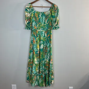 Betsey Johnson Maxi Dress Small Green Palm‎ Leaf Tropical Smocked Puff Sleeve thumbnail 2