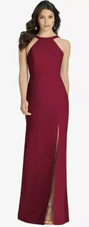 NWT Dessy Collection High Neck Backless‎ Crepe Trumpet Gown in Burgundy 3039 thumbnail 1