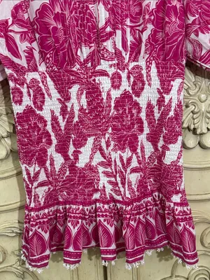 Farm Rio Tropical Woodcut Dress Pink Floral Appliqué Lace Resort Wear Smocked L thumbnail 5