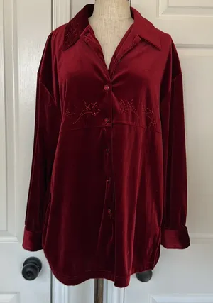 Vintage Y2K velvet beaded button down shirt Red Size XL thumbnail 1