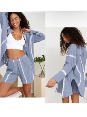 Free People Sleep Set Size XS Blue‎ Combo Rib Long Sleeve Shorts Outfit Coquette thumbnail 3