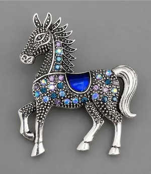 Rhinestone Enamel Horse Brooch: Blue Silver thumbnail 1