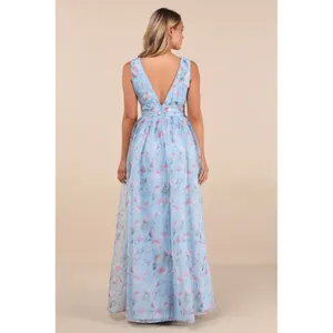Lulus Garden Romance Organza Maxi Dress M Light Blue Floral Print Formal Wedding thumbnail 3