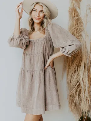 Mustard Seed NWT Corduroy Mini dress tiered babydoll long sleeve balloon pockets square neck thumbnail 1