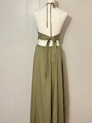 VICI Olive Green Halter Cutout Maxi Dress Linen Blend Open Back Size Large thumbnail 6