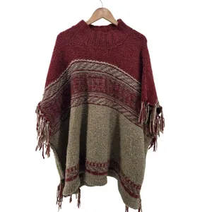 Free‎ People Poncho Sweater Womens M/L Red Tan Fair Isle Fringe Mock Neck Boho thumbnail 2