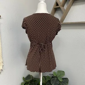 Jtb Brown Polka Dot Babydoll Tie Back Top Flutter Sleeves Cottagecore Dark Fairy thumbnail 4