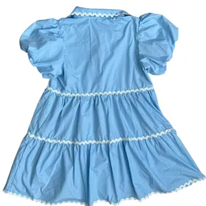 Mainstrip Puffed Sleeve Ric Rac Trimmed Solid Mini Dress‎ Blue Size Large thumbnail 5