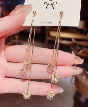 Women's Crystal Flower Long Tassel Dangle Drop Earrings thumbnail 1