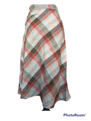 Vintage 70s Wool Diagonal Plaid Check Earth Tone Brown Red Tan A Line Midi Skirt thumbnail 2