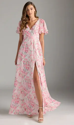 Azazie Bridesmaid Dress Chiffon Abstract Watercolor Floral Pink A6 thumbnail 1