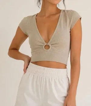 Aerie Ribbed O Ring Cutout Crop Top Beige Short Sleeve Size M thumbnail 1
