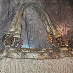 TORY BURCH Tote Bag Cable Knit METALLIC GOLD TRIM Wool Silk Lining Horse READ! thumbnail 15