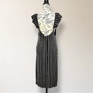 Zara Black Tan Striped Ruffle V‎ Neck Midi Dress Open Back Cottagecore Boho NWT thumbnail 5