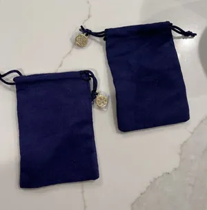 Tory Burch Navy Blue Suede Jewelry Pouch Set of 2 Gold Logo Charm thumbnail 1