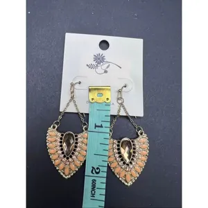 New! Gold Tone Chandelier Fan Shape Peach Apricot Rhinestone Drop Earrings thumbnail 5