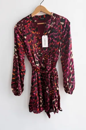 Sirena Abstract Leopard Print Mini Dress Burgundy Pink Long Sleeve Belted Small thumbnail 1
