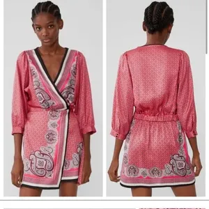 Zara Kimono Wrap Dress MEDIUM Tie Pink Black Paisley Silky 3/4 Sleeve thumbnail 2