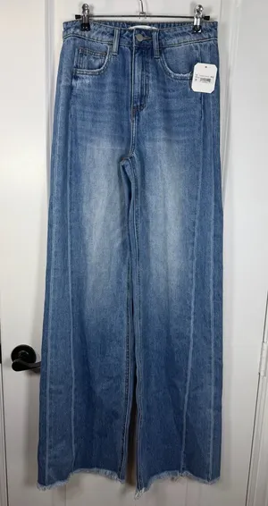 Altar'd State High Waisted Medium Wash Wide Leg Jeans with Raw Hem thumbnail 1
