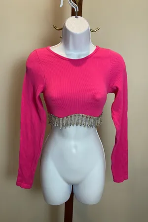 Sincerely Jules Crop Top Size S Pink Rhinestone Fringe Long Sleeve New With Tag thumbnail 1