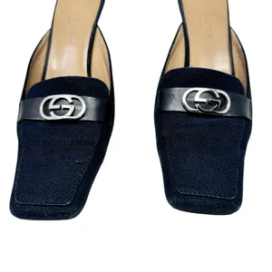 Gucci GG Logo Canvas Mule Heels Black Square Toe Slide Pumps 7.5 Made in Italy thumbnail 3