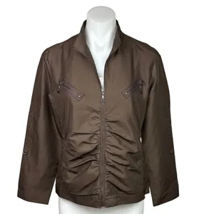 Black Vintage Brown Ruched Zip Up Pockets Collar Flight Utility Bomber Jacket M thumbnail 4