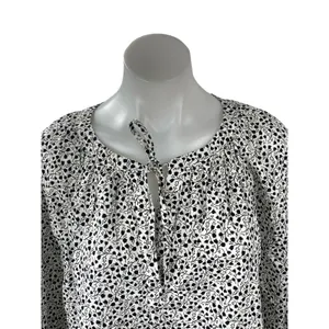 Ann Taylor Loft Black White Floral Tie Neck Long Sleeve Peasant Blouse Top Sz L thumbnail 2