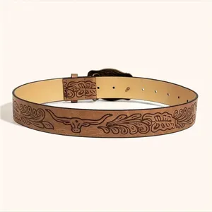 Western Bull Head Buckle Unisex‎ Belt Vintage Embossed Brown PU Leather Belt thumbnail 7