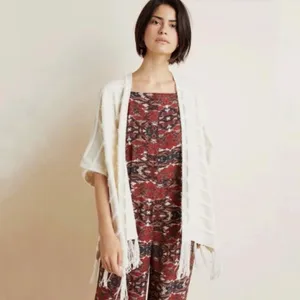 Akemi + Kin by Anthropologie Cream Miette Chenille Fringe Cardigan Poncho - O/S thumbnail 2