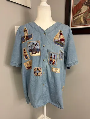 Vintage Quacker Factory womens nautical baseball button up shirt sailboats denim thumbnail 1
