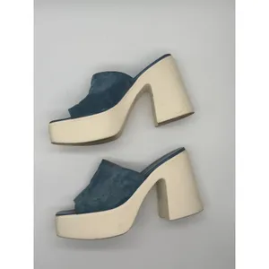Free People Zoe Platform Sandals 39 Blue Suede Chunky Block Heel Square Toe Mule thumbnail 5